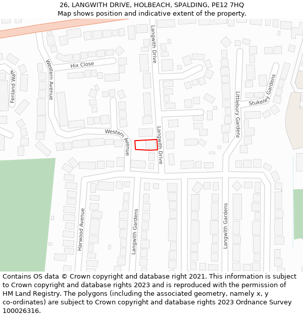 26, LANGWITH DRIVE, HOLBEACH, SPALDING, PE12 7HQ: Location map and indicative extent of plot