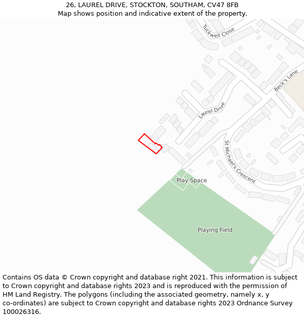 26, LAUREL DRIVE, STOCKTON, SOUTHAM, CV47 8FB: Location map and indicative extent of plot