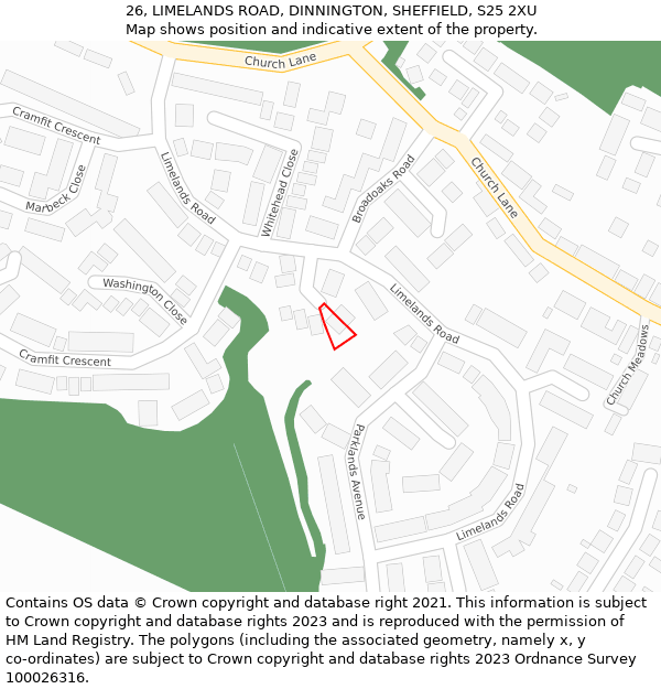 26, LIMELANDS ROAD, DINNINGTON, SHEFFIELD, S25 2XU: Location map and indicative extent of plot