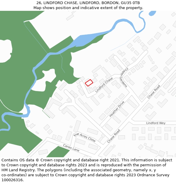 26, LINDFORD CHASE, LINDFORD, BORDON, GU35 0TB: Location map and indicative extent of plot