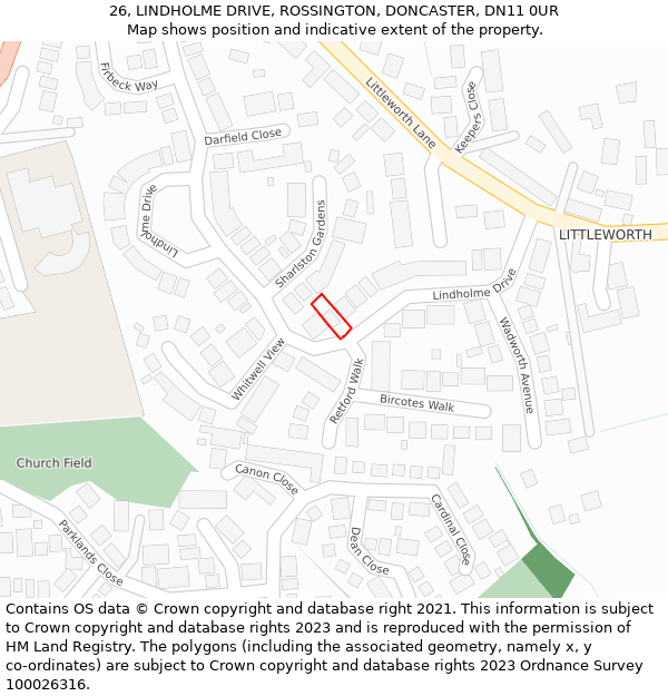 26, LINDHOLME DRIVE, ROSSINGTON, DONCASTER, DN11 0UR: Location map and indicative extent of plot