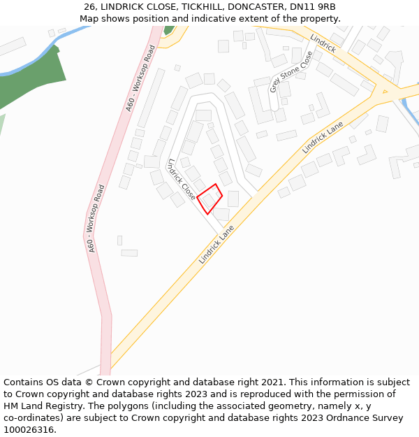 26, LINDRICK CLOSE, TICKHILL, DONCASTER, DN11 9RB: Location map and indicative extent of plot