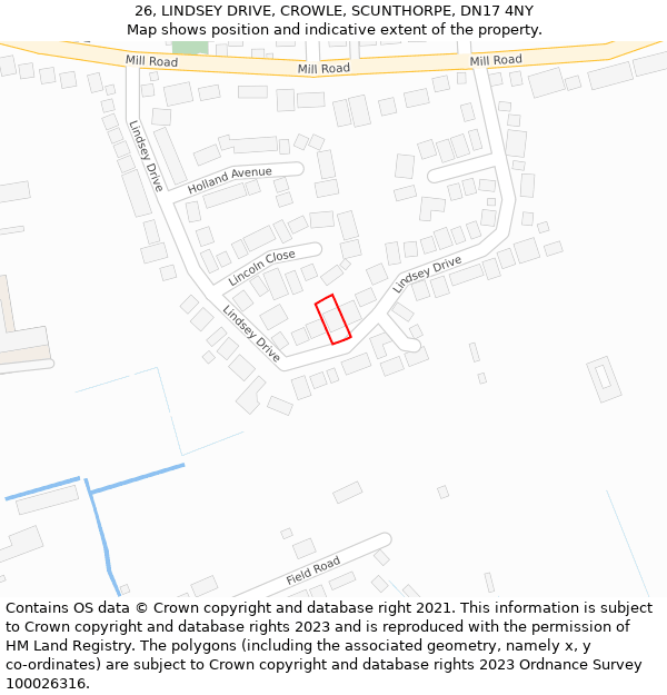 26, LINDSEY DRIVE, CROWLE, SCUNTHORPE, DN17 4NY: Location map and indicative extent of plot