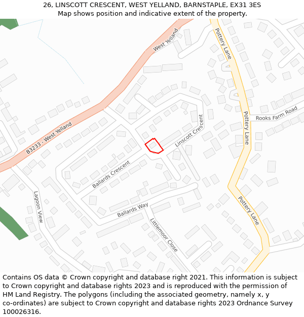 26, LINSCOTT CRESCENT, WEST YELLAND, BARNSTAPLE, EX31 3ES: Location map and indicative extent of plot