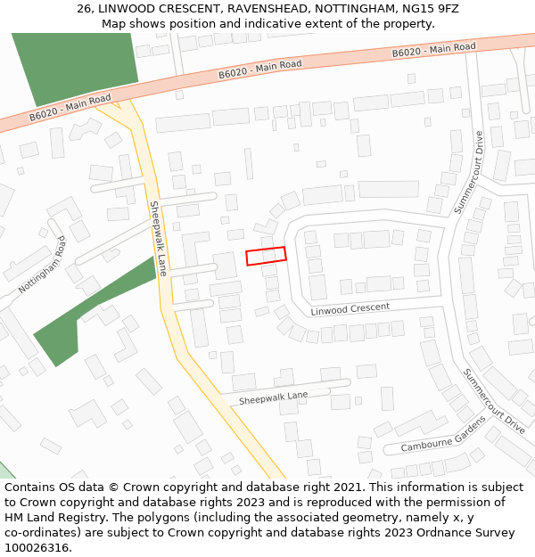 26, LINWOOD CRESCENT, RAVENSHEAD, NOTTINGHAM, NG15 9FZ: Location map and indicative extent of plot