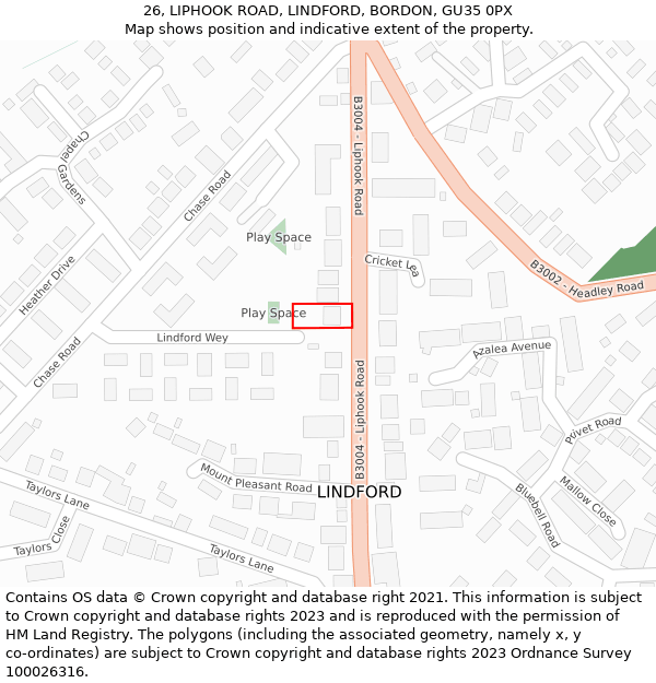 26, LIPHOOK ROAD, LINDFORD, BORDON, GU35 0PX: Location map and indicative extent of plot