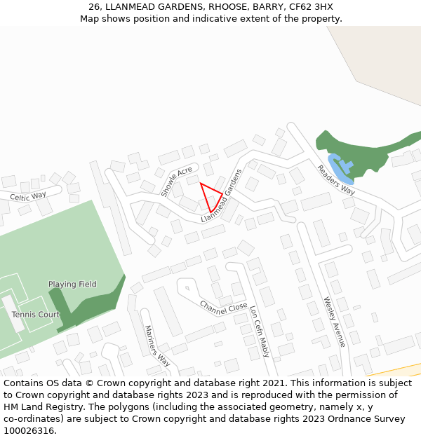 26, LLANMEAD GARDENS, RHOOSE, BARRY, CF62 3HX: Location map and indicative extent of plot