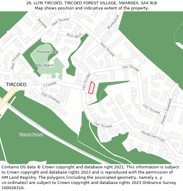 26, LLYN TIRCOED, TIRCOED FOREST VILLAGE, SWANSEA, SA4 9LB: Location map and indicative extent of plot