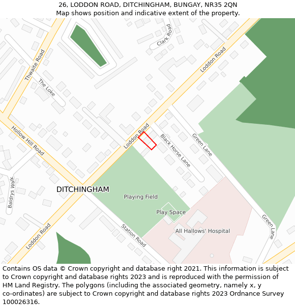 26, LODDON ROAD, DITCHINGHAM, BUNGAY, NR35 2QN: Location map and indicative extent of plot