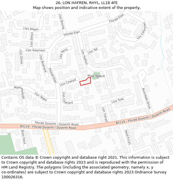 26, LON HAFREN, RHYL, LL18 4FE: Location map and indicative extent of plot