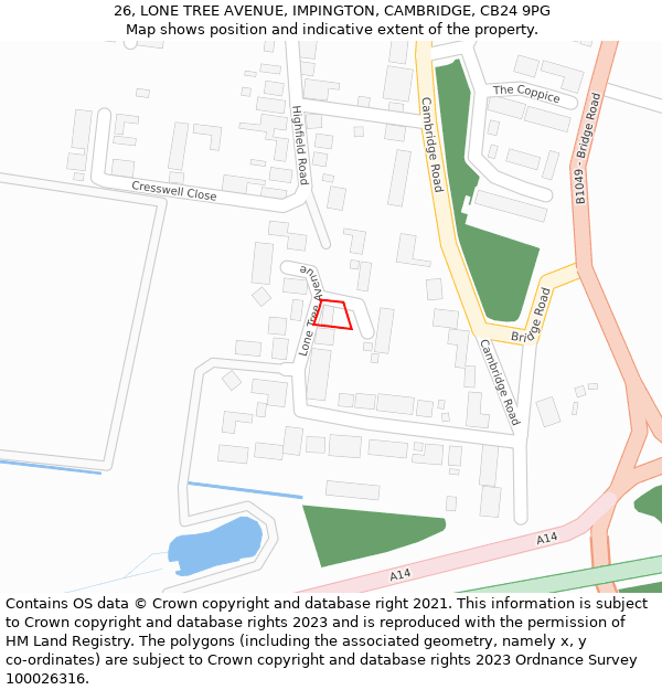 26, LONE TREE AVENUE, IMPINGTON, CAMBRIDGE, CB24 9PG: Location map and indicative extent of plot