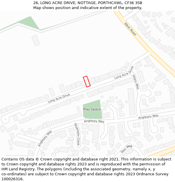 26, LONG ACRE DRIVE, NOTTAGE, PORTHCAWL, CF36 3SB: Location map and indicative extent of plot