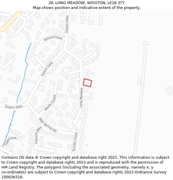 26, LONG MEADOW, WIGSTON, LE18 3TY: Location map and indicative extent of plot