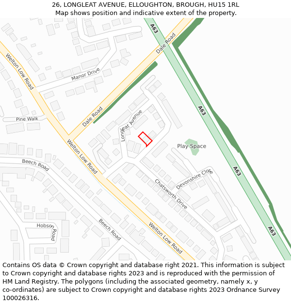 26, LONGLEAT AVENUE, ELLOUGHTON, BROUGH, HU15 1RL: Location map and indicative extent of plot