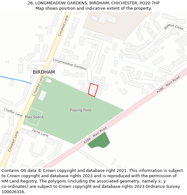 26, LONGMEADOW GARDENS, BIRDHAM, CHICHESTER, PO20 7HP: Location map and indicative extent of plot