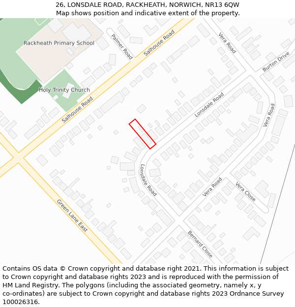 26, LONSDALE ROAD, RACKHEATH, NORWICH, NR13 6QW: Location map and indicative extent of plot