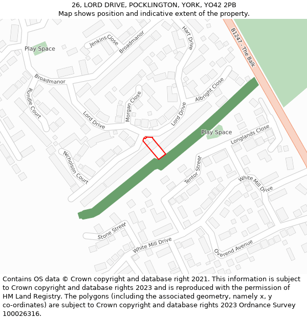 26, LORD DRIVE, POCKLINGTON, YORK, YO42 2PB: Location map and indicative extent of plot