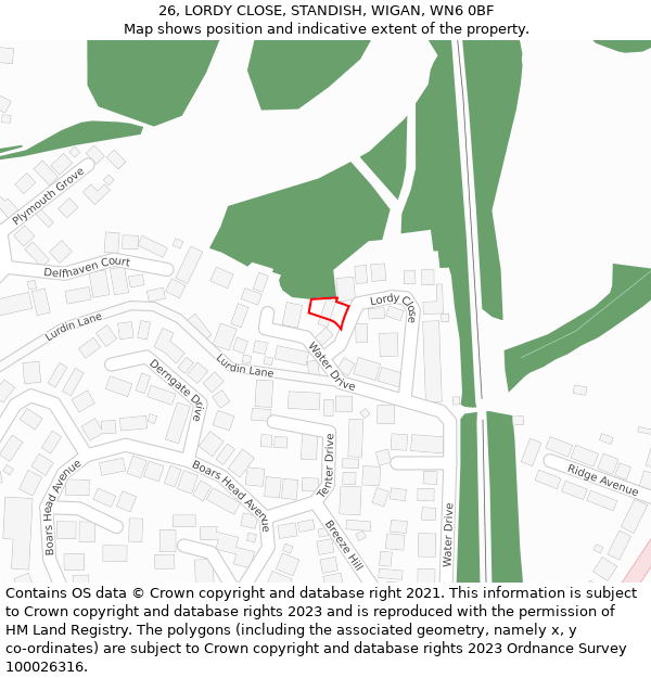 26, LORDY CLOSE, STANDISH, WIGAN, WN6 0BF: Location map and indicative extent of plot