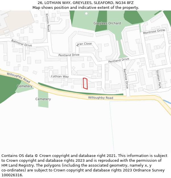 26, LOTHIAN WAY, GREYLEES, SLEAFORD, NG34 8FZ: Location map and indicative extent of plot