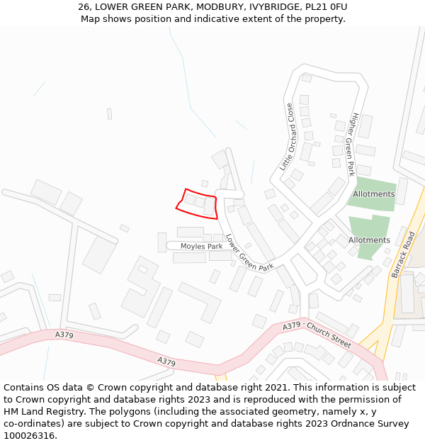 26, LOWER GREEN PARK, MODBURY, IVYBRIDGE, PL21 0FU: Location map and indicative extent of plot