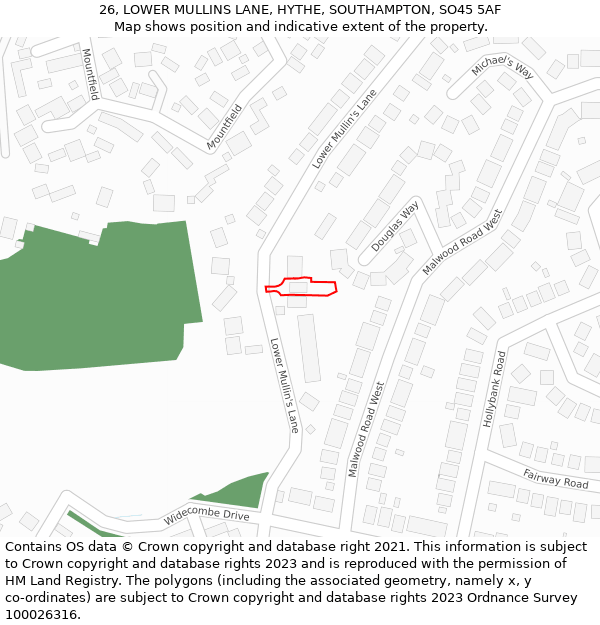 26, LOWER MULLINS LANE, HYTHE, SOUTHAMPTON, SO45 5AF: Location map and indicative extent of plot