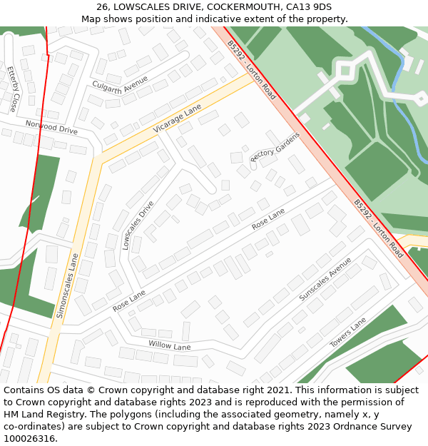 26, LOWSCALES DRIVE, COCKERMOUTH, CA13 9DS: Location map and indicative extent of plot