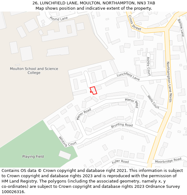 26, LUNCHFIELD LANE, MOULTON, NORTHAMPTON, NN3 7AB: Location map and indicative extent of plot