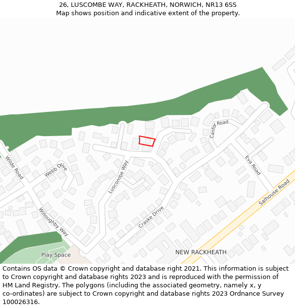 26, LUSCOMBE WAY, RACKHEATH, NORWICH, NR13 6SS: Location map and indicative extent of plot