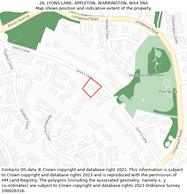 26, LYONS LANE, APPLETON, WARRINGTON, WA4 5NA: Location map and indicative extent of plot