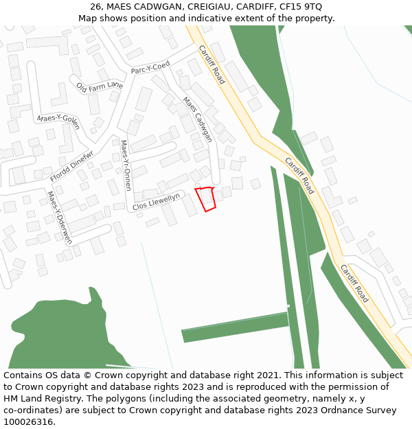 26, MAES CADWGAN, CREIGIAU, CARDIFF, CF15 9TQ: Location map and indicative extent of plot