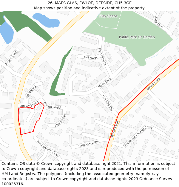 26, MAES GLAS, EWLOE, DEESIDE, CH5 3GE: Location map and indicative extent of plot