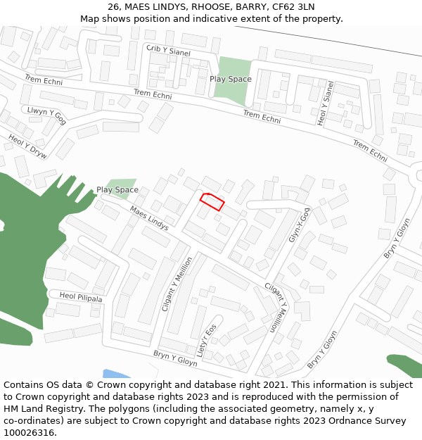 26, MAES LINDYS, RHOOSE, BARRY, CF62 3LN: Location map and indicative extent of plot