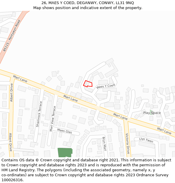 26, MAES Y COED, DEGANWY, CONWY, LL31 9NQ: Location map and indicative extent of plot