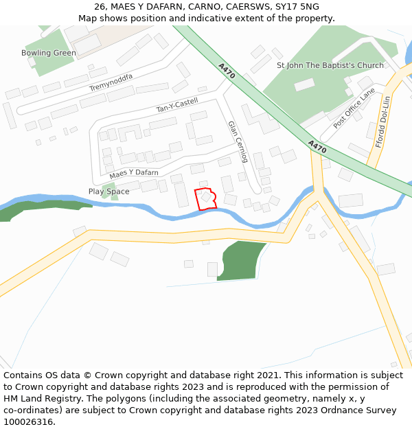 26, MAES Y DAFARN, CARNO, CAERSWS, SY17 5NG: Location map and indicative extent of plot