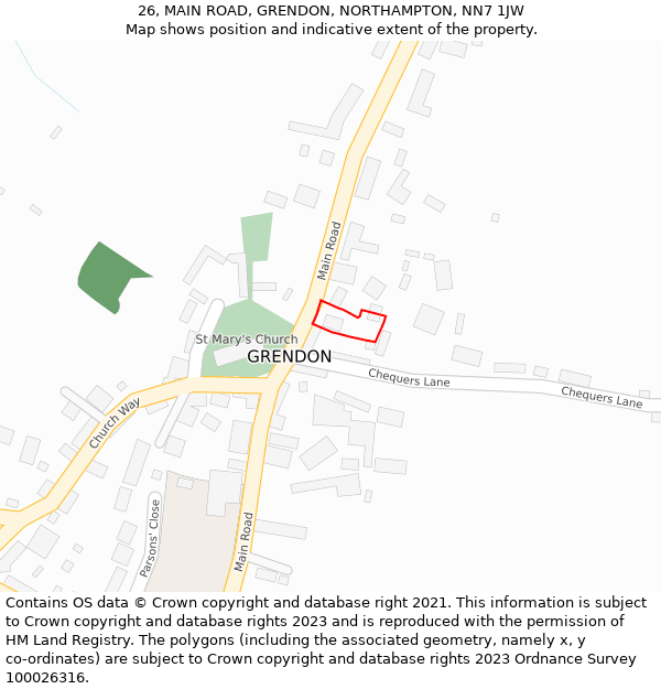 26, MAIN ROAD, GRENDON, NORTHAMPTON, NN7 1JW: Location map and indicative extent of plot