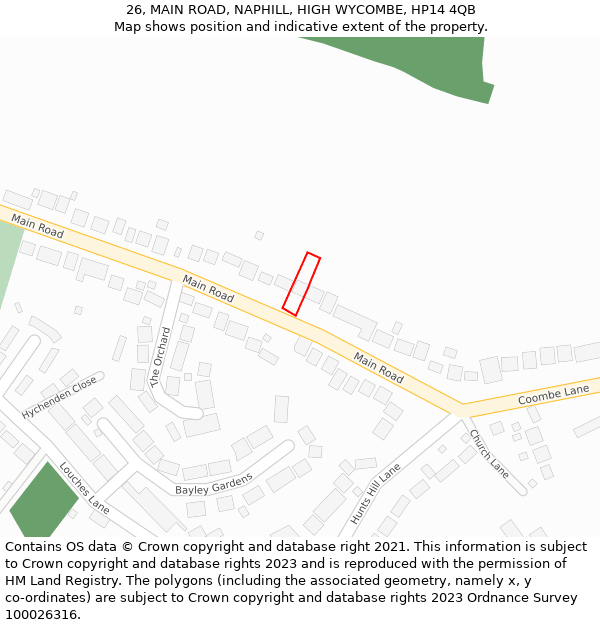 26, MAIN ROAD, NAPHILL, HIGH WYCOMBE, HP14 4QB: Location map and indicative extent of plot