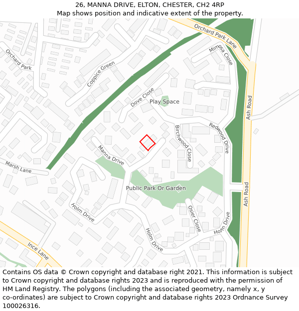 26, MANNA DRIVE, ELTON, CHESTER, CH2 4RP: Location map and indicative extent of plot