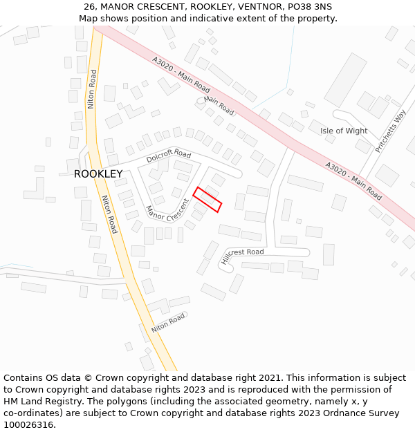 26, MANOR CRESCENT, ROOKLEY, VENTNOR, PO38 3NS: Location map and indicative extent of plot