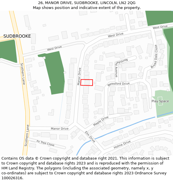 26, MANOR DRIVE, SUDBROOKE, LINCOLN, LN2 2QG: Location map and indicative extent of plot
