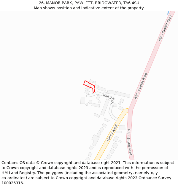 26, MANOR PARK, PAWLETT, BRIDGWATER, TA6 4SU: Location map and indicative extent of plot