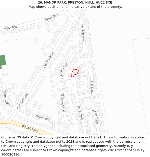26, MANOR PARK, PRESTON, HULL, HU12 8XE: Location map and indicative extent of plot