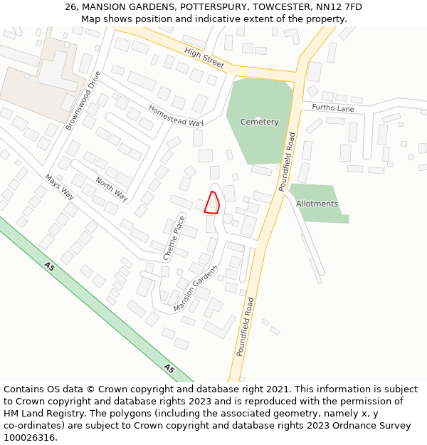 26, MANSION GARDENS, POTTERSPURY, TOWCESTER, NN12 7FD: Location map and indicative extent of plot