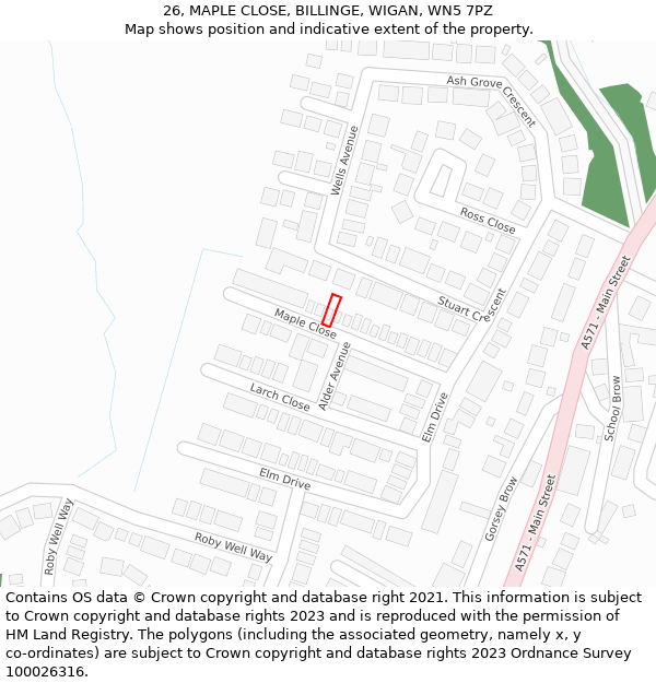 26, MAPLE CLOSE, BILLINGE, WIGAN, WN5 7PZ: Location map and indicative extent of plot