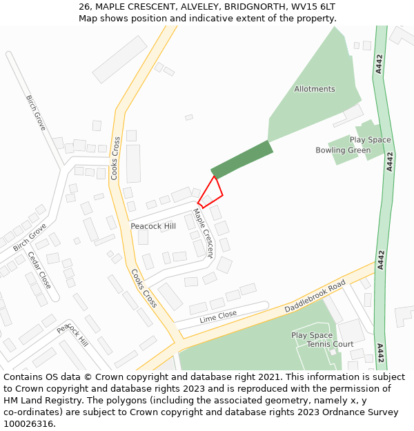 26, MAPLE CRESCENT, ALVELEY, BRIDGNORTH, WV15 6LT: Location map and indicative extent of plot