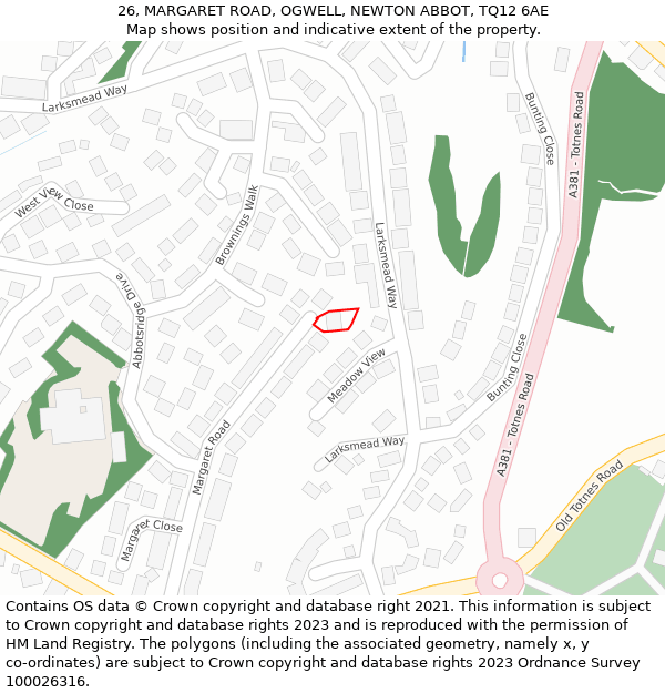 26, MARGARET ROAD, OGWELL, NEWTON ABBOT, TQ12 6AE: Location map and indicative extent of plot