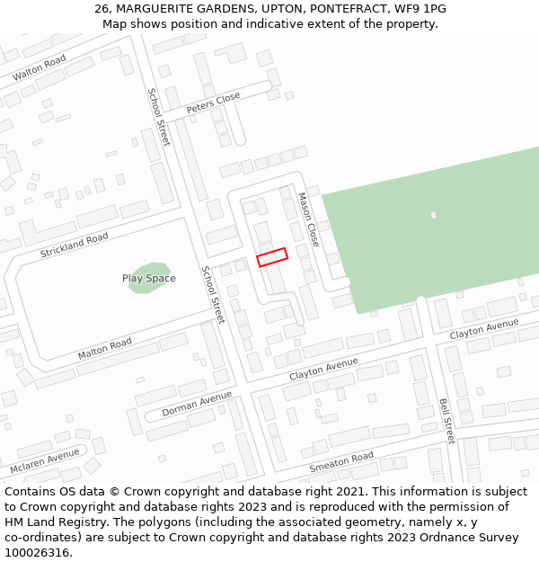 26, MARGUERITE GARDENS, UPTON, PONTEFRACT, WF9 1PG: Location map and indicative extent of plot