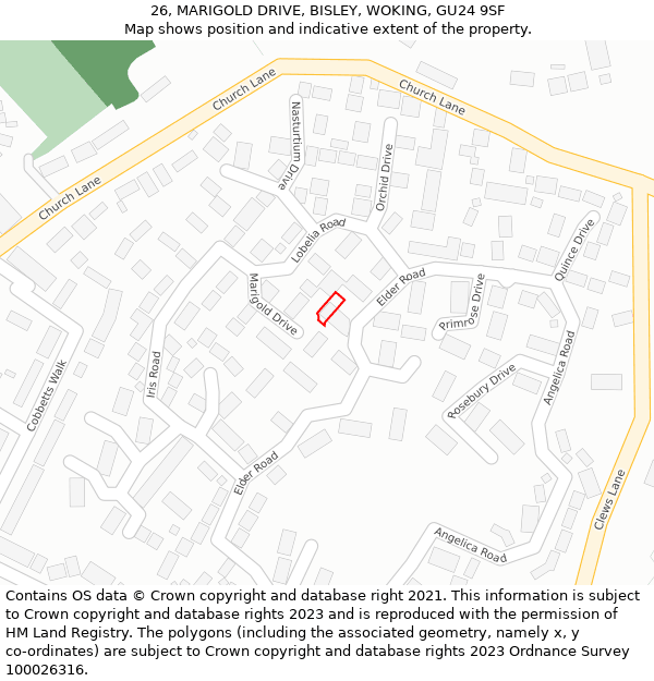 26, MARIGOLD DRIVE, BISLEY, WOKING, GU24 9SF: Location map and indicative extent of plot