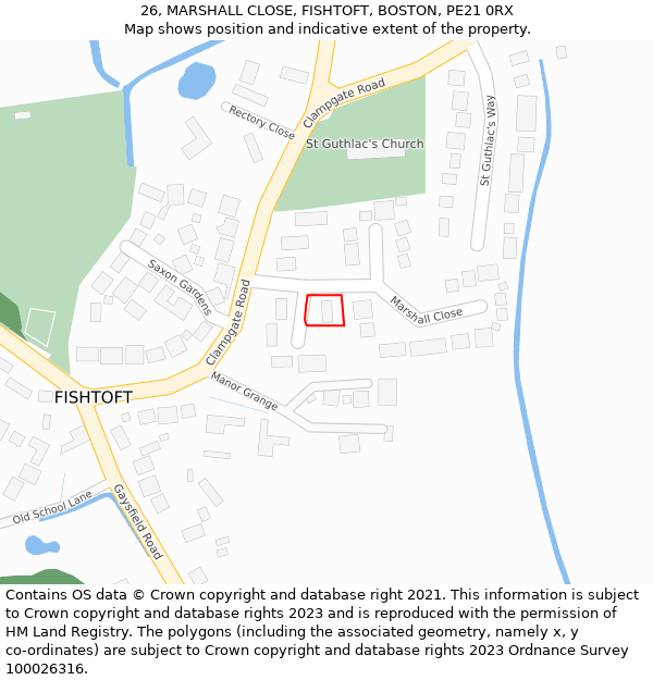 26, MARSHALL CLOSE, FISHTOFT, BOSTON, PE21 0RX: Location map and indicative extent of plot