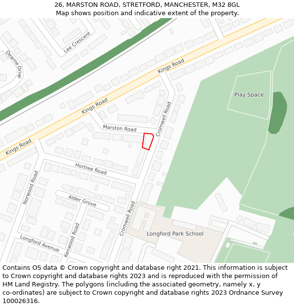 26, MARSTON ROAD, STRETFORD, MANCHESTER, M32 8GL: Location map and indicative extent of plot