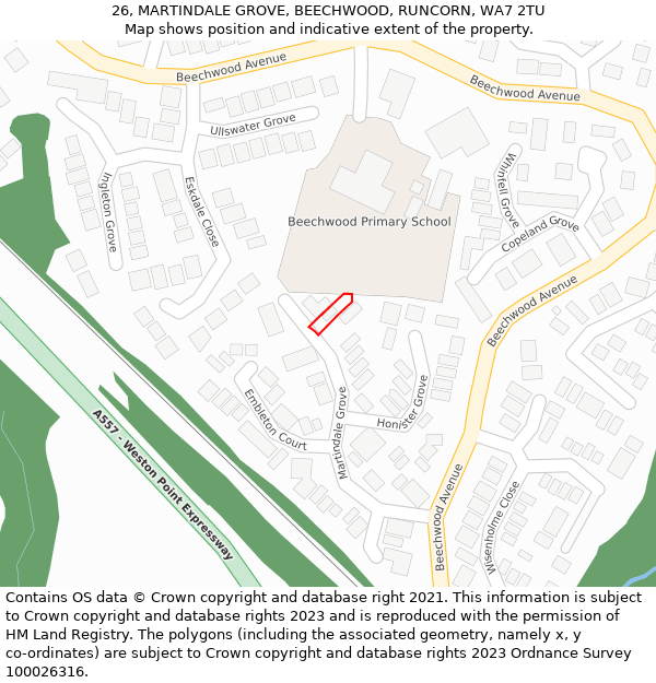 26, MARTINDALE GROVE, BEECHWOOD, RUNCORN, WA7 2TU: Location map and indicative extent of plot